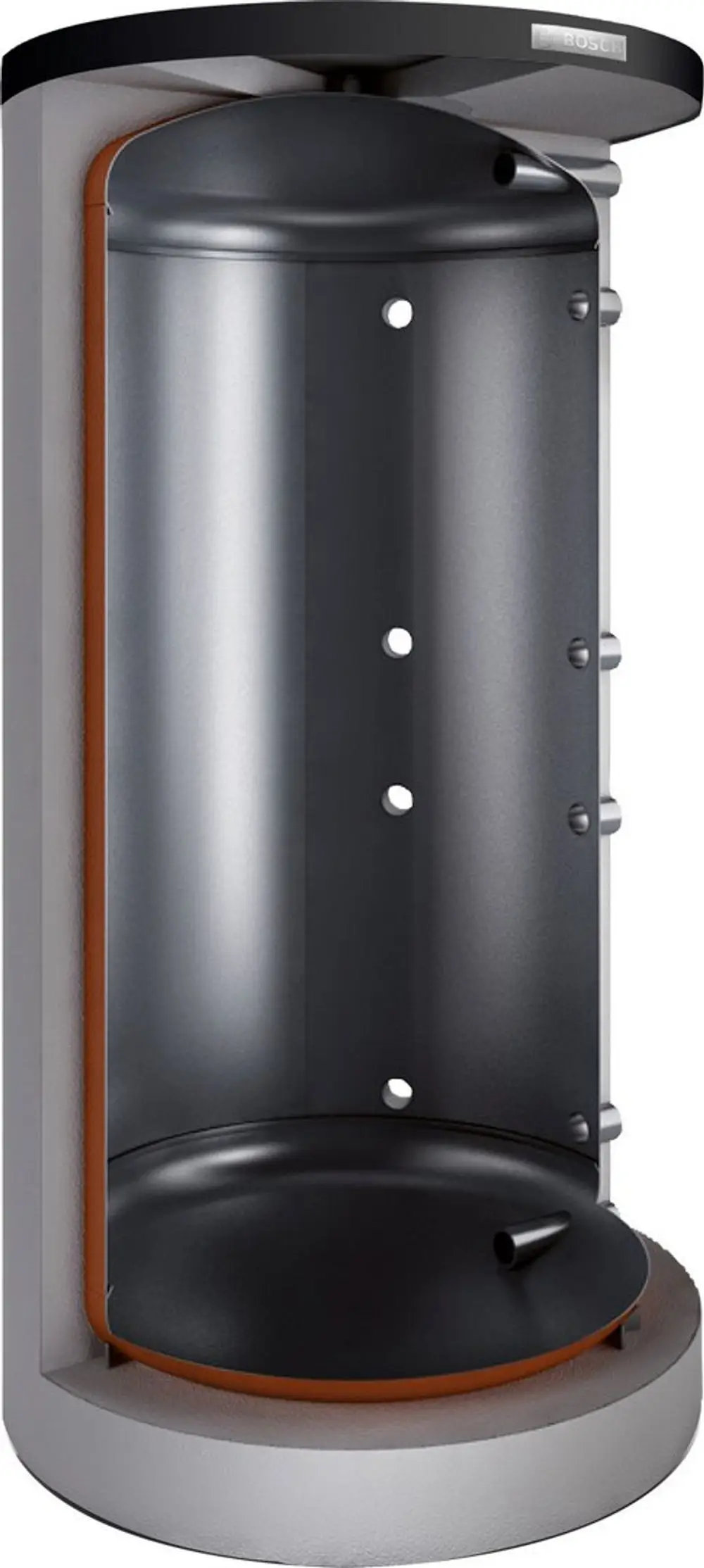 Silberner Pufferspeicher von Bosch mit runder Form und mehreren Bohrungen zur Installation, geeignet für die Speicherung von Wärme.